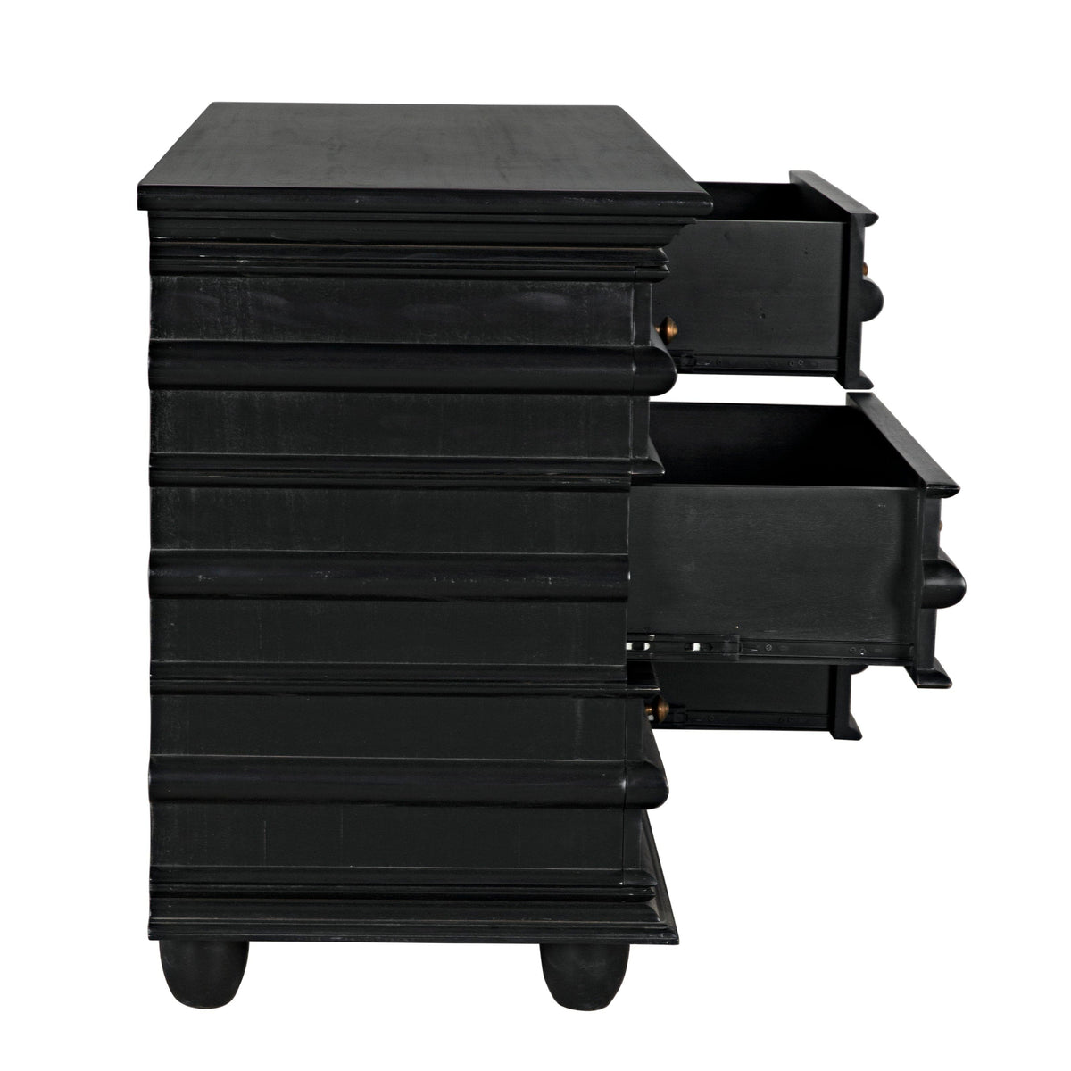Hand-rubbed black mahogany 6-drawer chest with classic design and coordinating hardware, two drawers open.