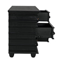 Hand-rubbed black mahogany 6-drawer chest with classic design and coordinating hardware, two drawers open.