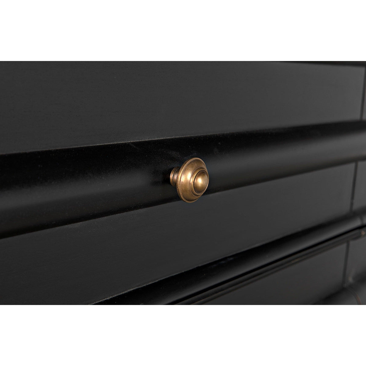 Ascona 6-drawer chest in hand-rubbed black mahogany with antique brass hardware.