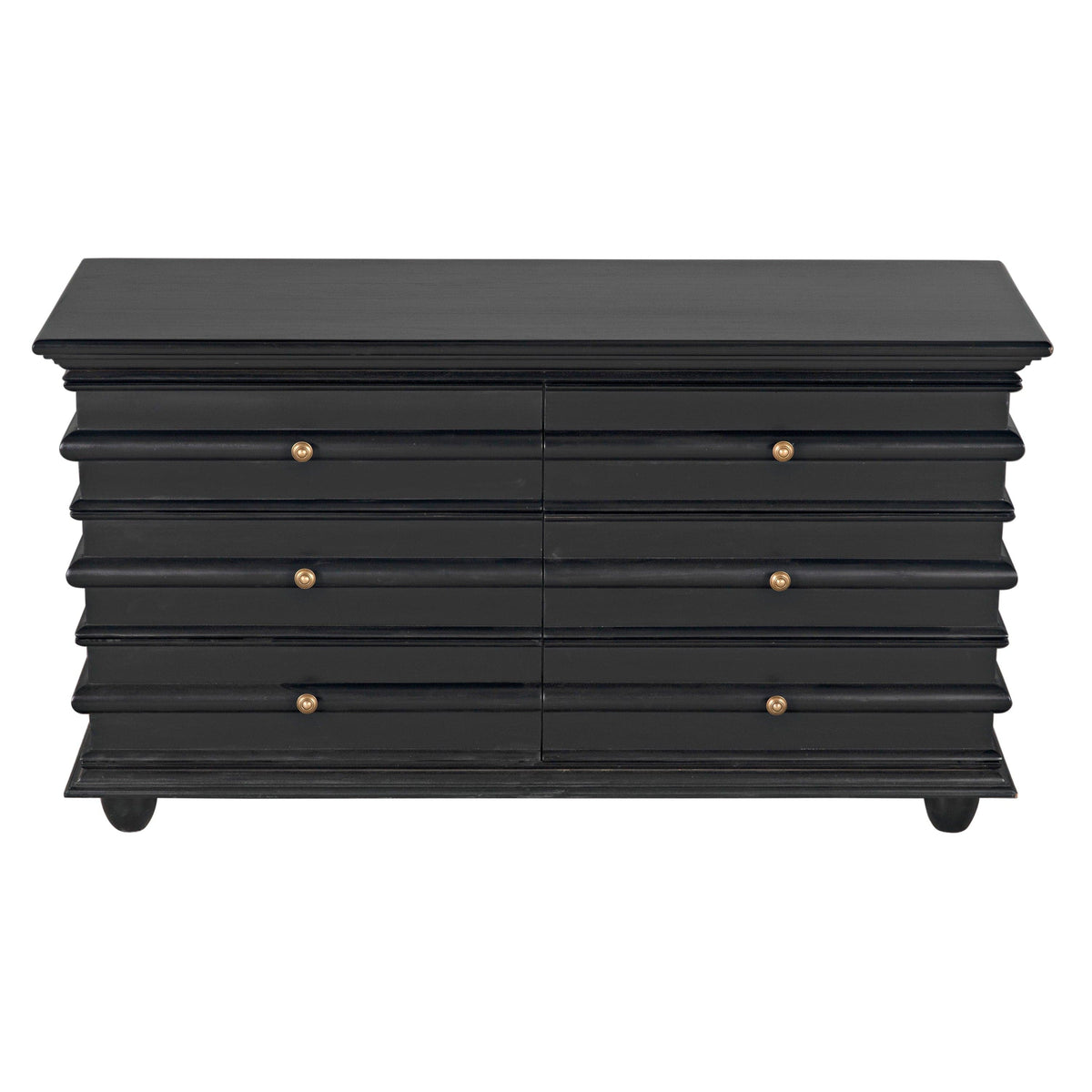 Ascona 6-drawer chest in hand-rubbed black mahogany with brass hardware.