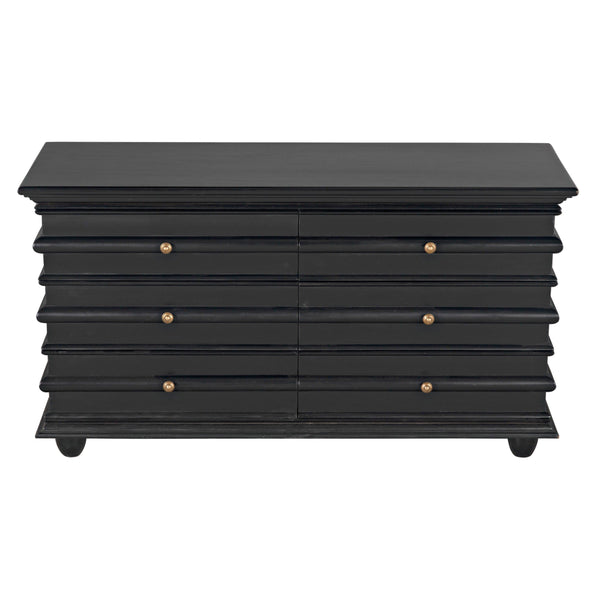 Ascona 6-drawer chest in hand-rubbed black mahogany with brass hardware.