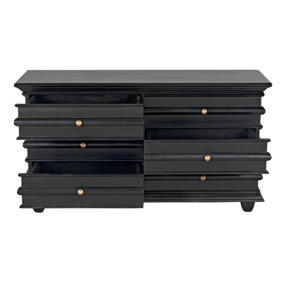 Ascona 6-drawer hand-rubbed black mahogany chest with gold hardware, some drawers open.