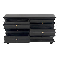 Ascona 6-drawer hand-rubbed black mahogany chest with gold hardware, some drawers open.