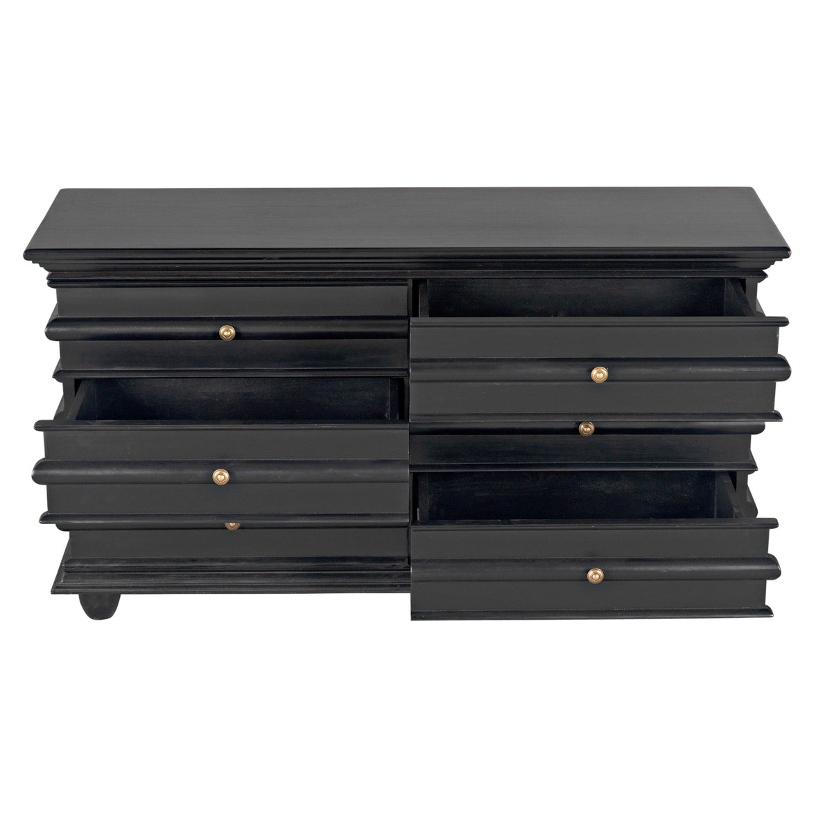 Hand-rubbed black mahogany Ascona 6-drawer chest with gold hardware, some drawers open.