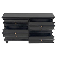 Hand-rubbed black mahogany Ascona 6-drawer chest with gold hardware, some drawers open.