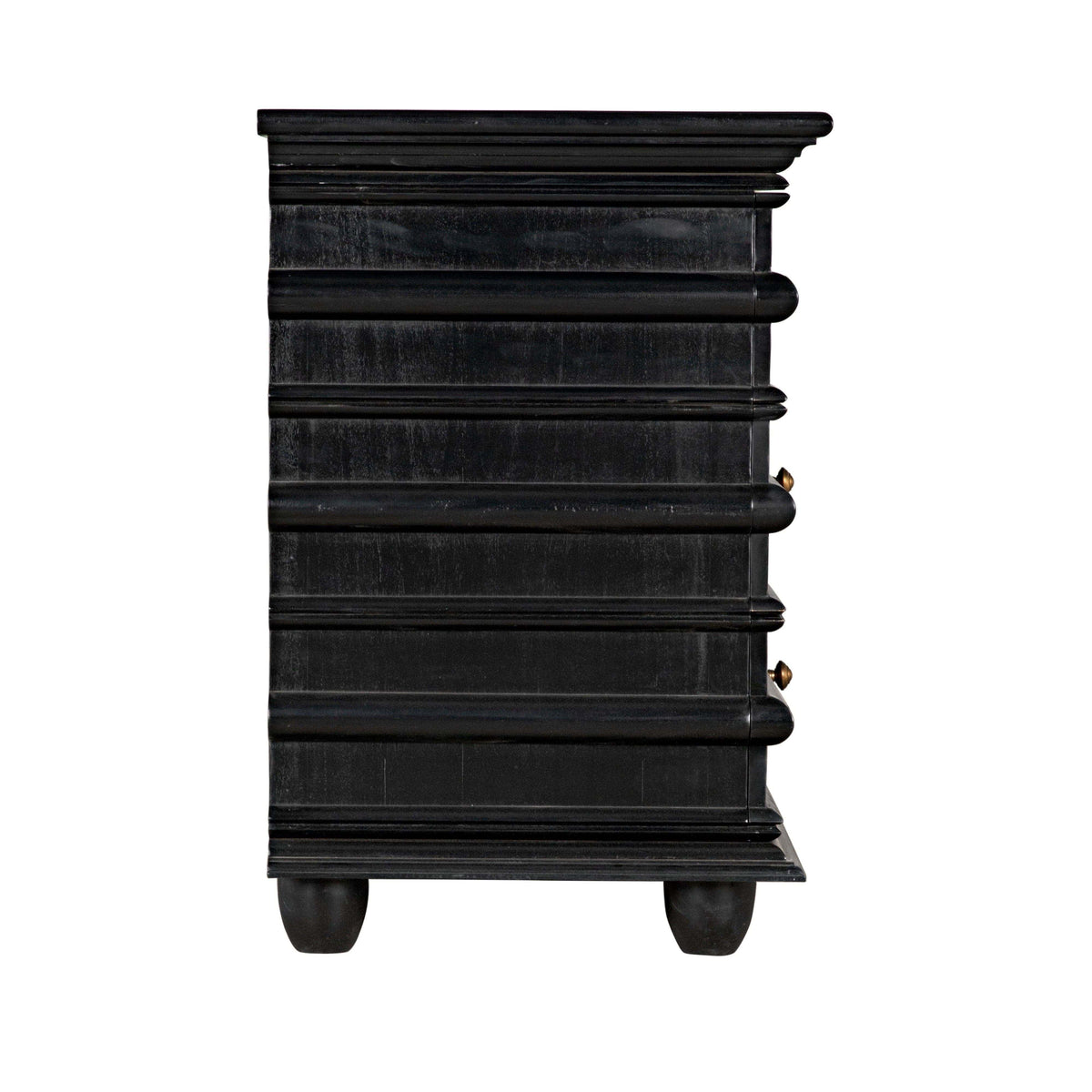 Side view of Ascona 6-drawer chest in hand-rubbed black mahogany with coordinating hardware.