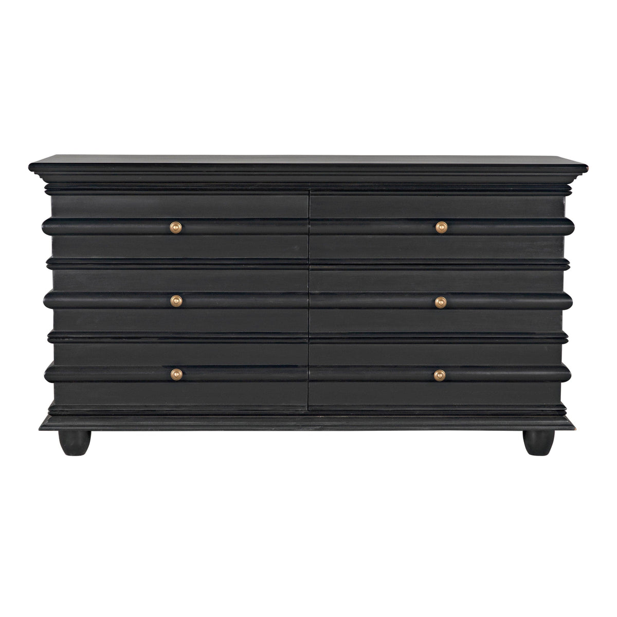 Ascona 6-drawer chest in hand-rubbed black mahogany with gold hardware.