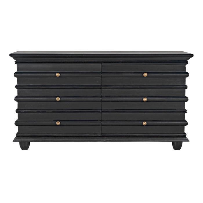 Ascona 6-drawer chest in hand-rubbed black mahogany with gold hardware.