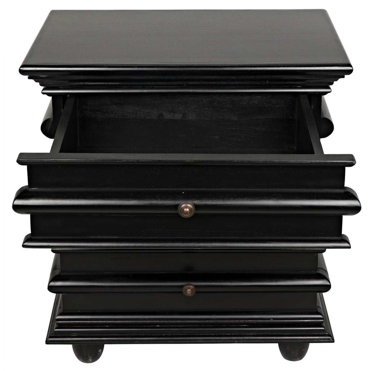 Ascona hand-rubbed black mahogany side table with three drawers and brass hardware.