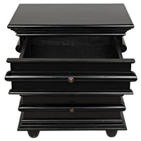 Ascona hand-rubbed black mahogany side table with three drawers and brass hardware.