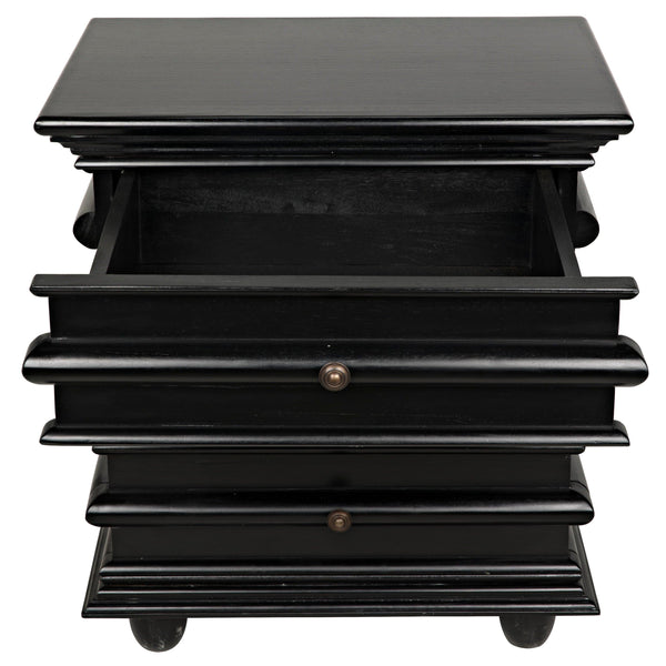 Ascona hand-rubbed black mahogany side table with three drawers and brass hardware.