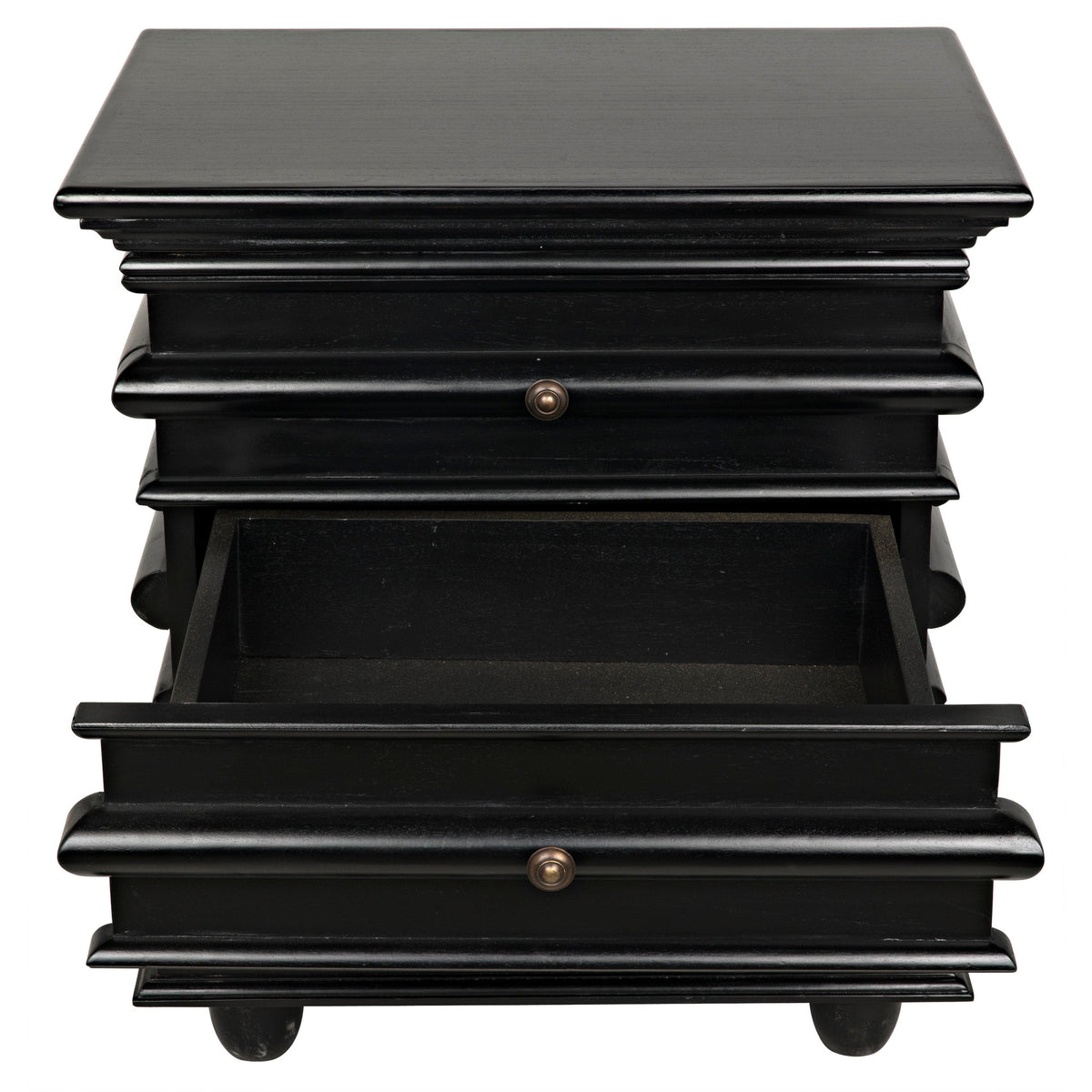 Ascona Side Table: Hand-rubbed black mahogany with three drawers, one open, and brass hardware.