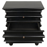 Ascona Side Table: Hand-rubbed black mahogany with three drawers, one open, and brass hardware.