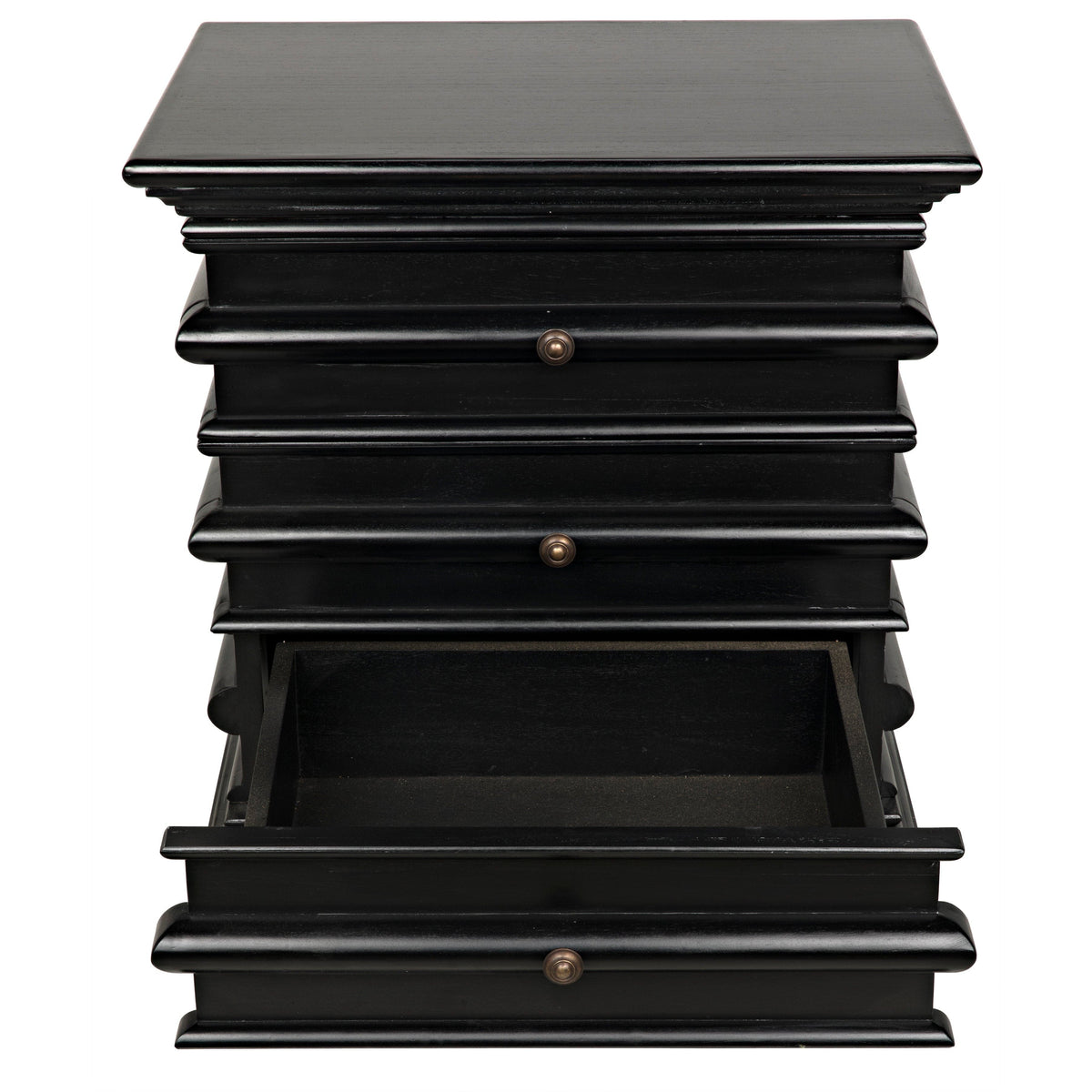 Ascona hand-rubbed black mahogany side table with three drawers, one open, and brass hardware.