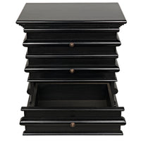 Ascona hand-rubbed black mahogany side table with three drawers, one open, and brass hardware.