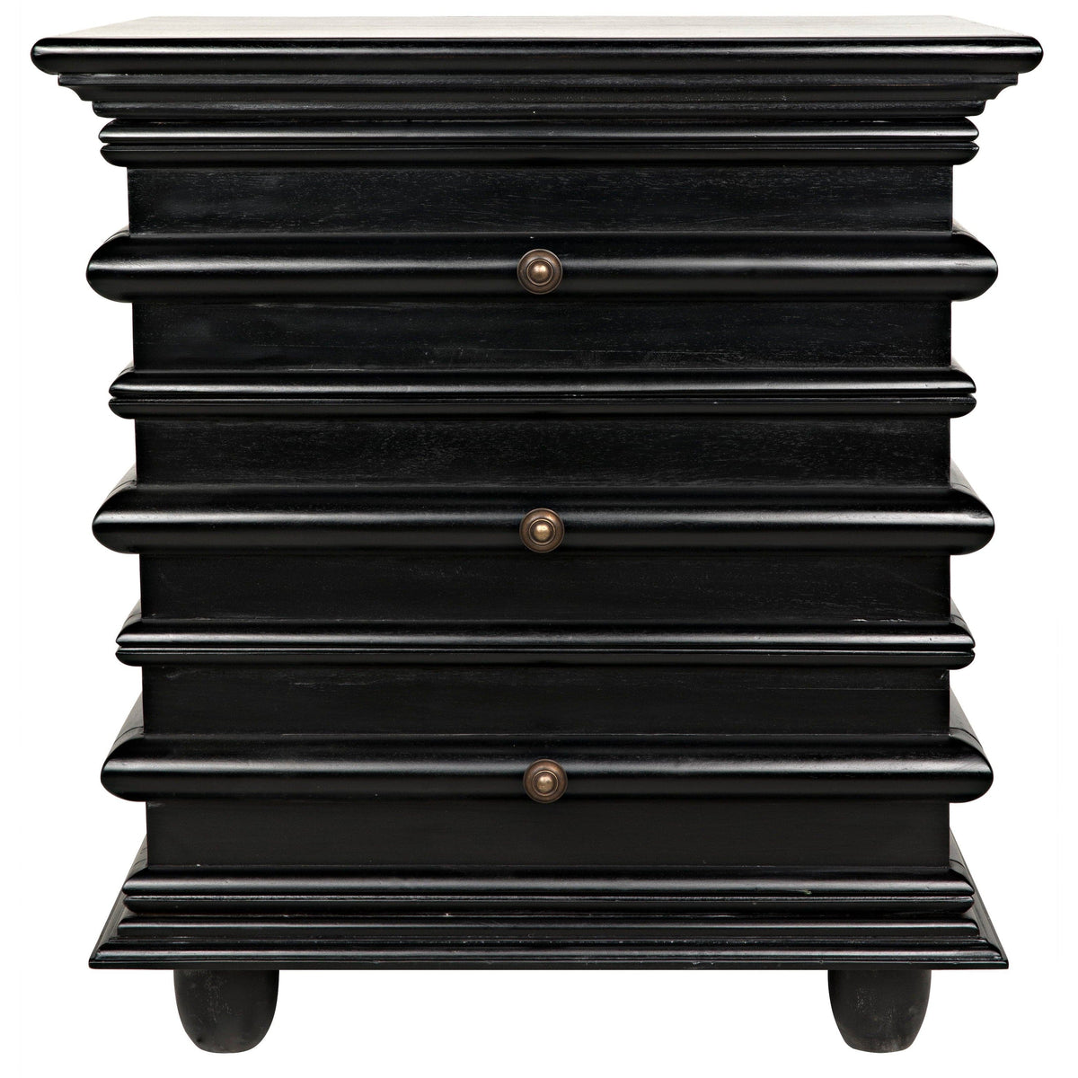 Ascona hand-rubbed black mahogany side table with three drawers and brass hardware.