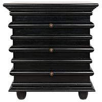 Ascona hand-rubbed black mahogany side table with three drawers and brass hardware.