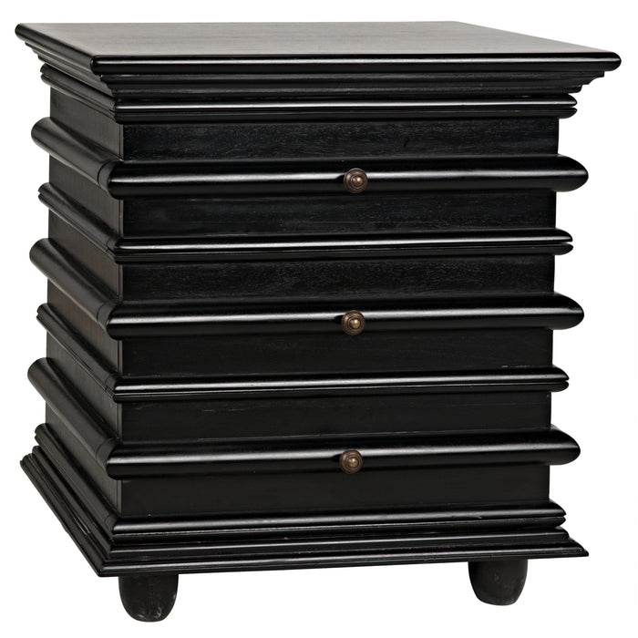 Ascona hand-rubbed black mahogany side table with three drawers and classic design.