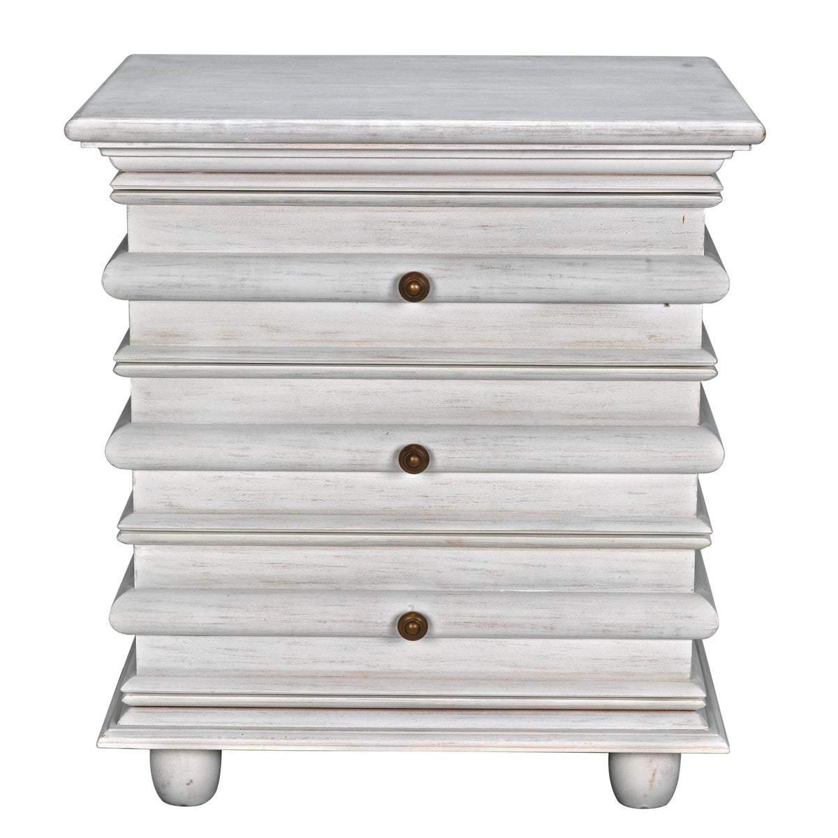 Ascona Side Table in white wash mahogany with three drawers, brass pulls, and rounded feet.
