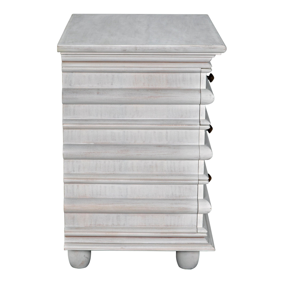 Ascona Side Table in white wash mahogany with brass pulls, featuring a stacked, ridged design.