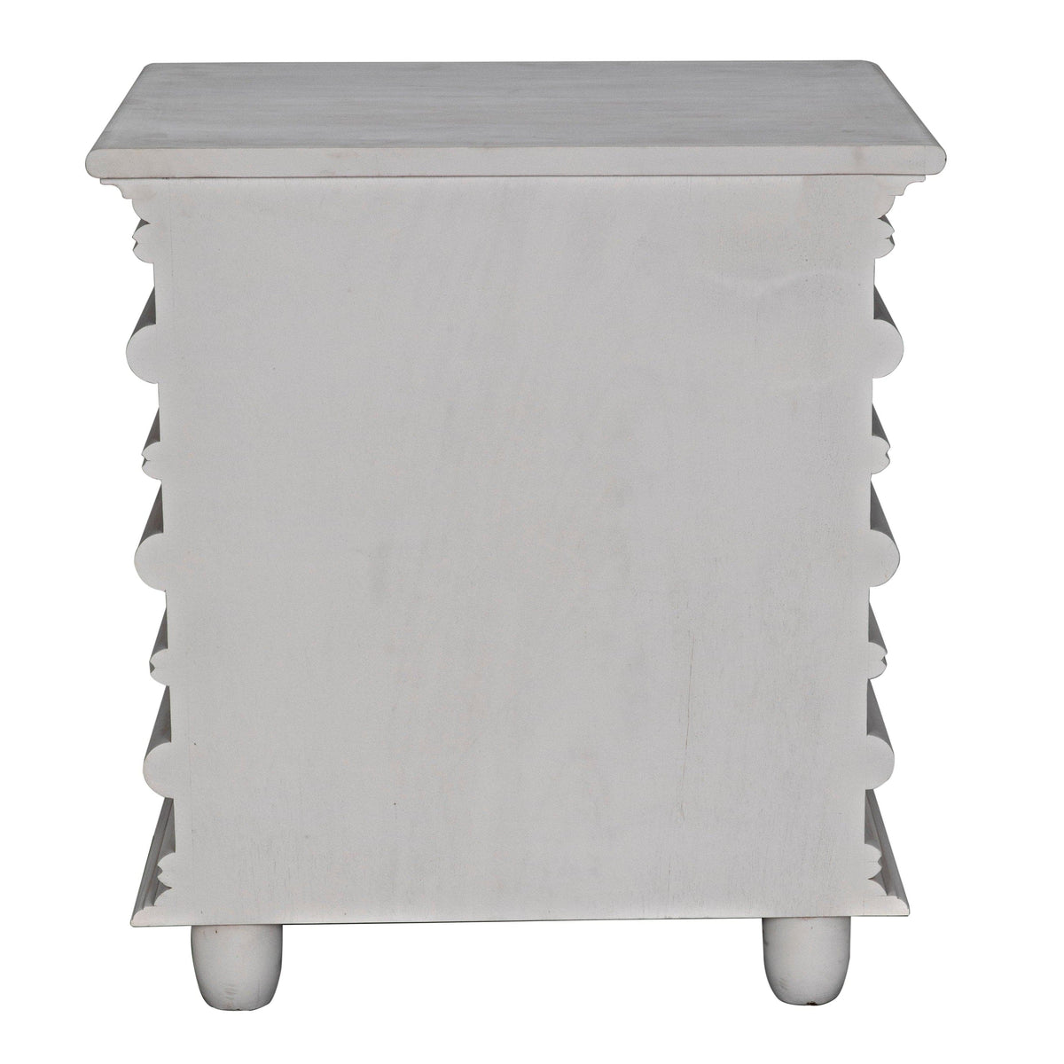 Ascona Side Table in white wash mahogany, featuring decorative carved sides and sturdy feet.