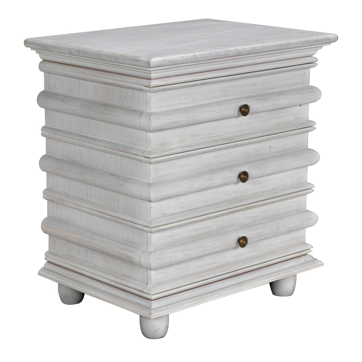 Ascona Side Table in white wash mahogany with three drawers, brass pulls, and decorative curved fronts.
