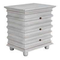 Ascona Side Table in white wash mahogany with three drawers, brass pulls, and decorative curved fronts.