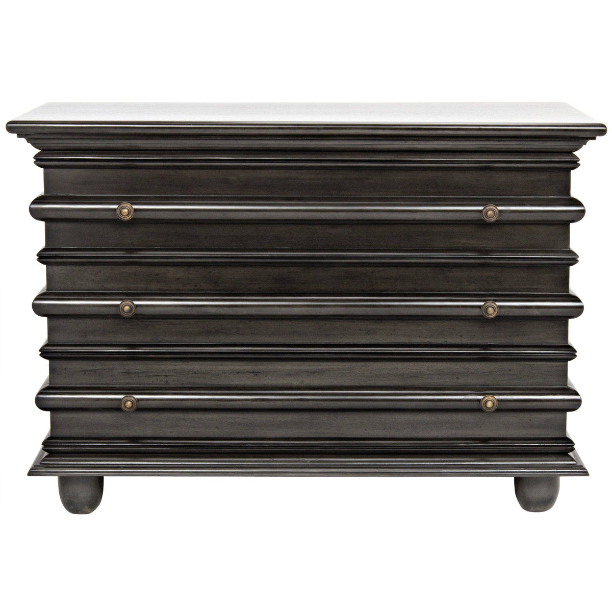 Ascona small pale black mahogany chest with three drawers and coordinating hardware.
