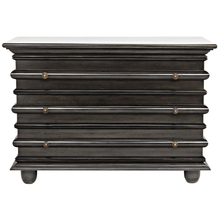 Ascona small pale black mahogany chest with three drawers and coordinating hardware.
