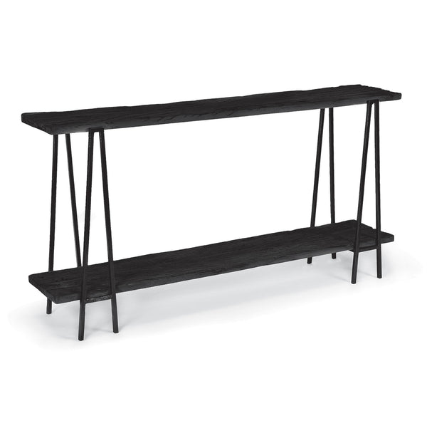 Black reclaimed wood console table with two shelves and a modern metal base.