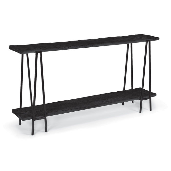 Ash black reclaimed wood console table with two shelves and a modern metal base.