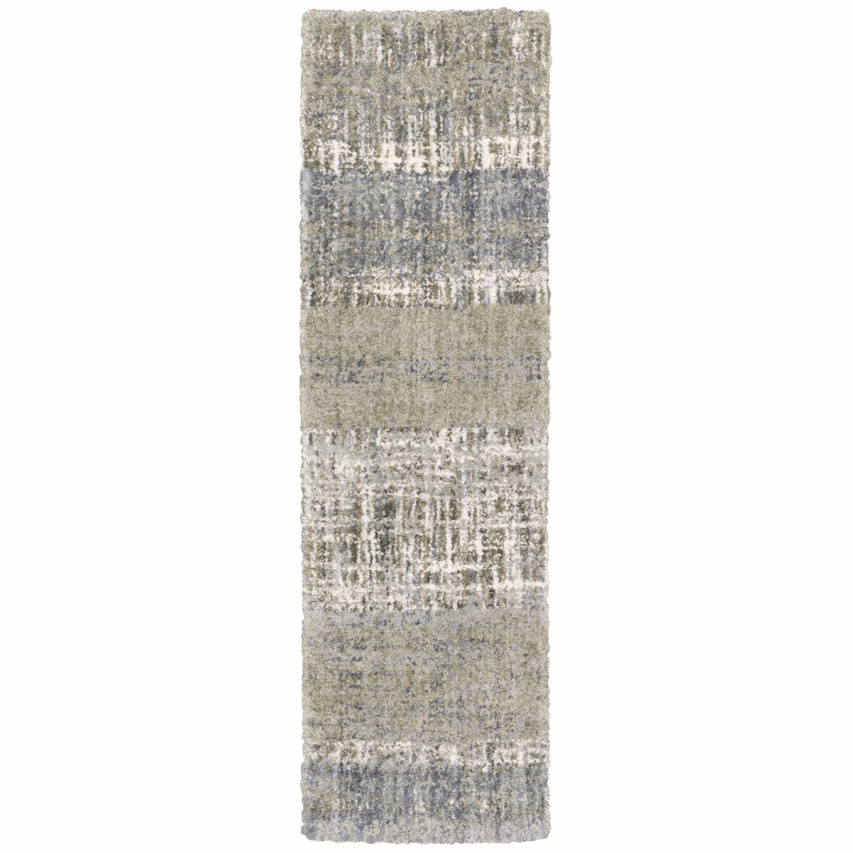 Aspen Grey & Ivory Contemporary Striped Rug with textured blue, gray, and ivory polyester stripes.