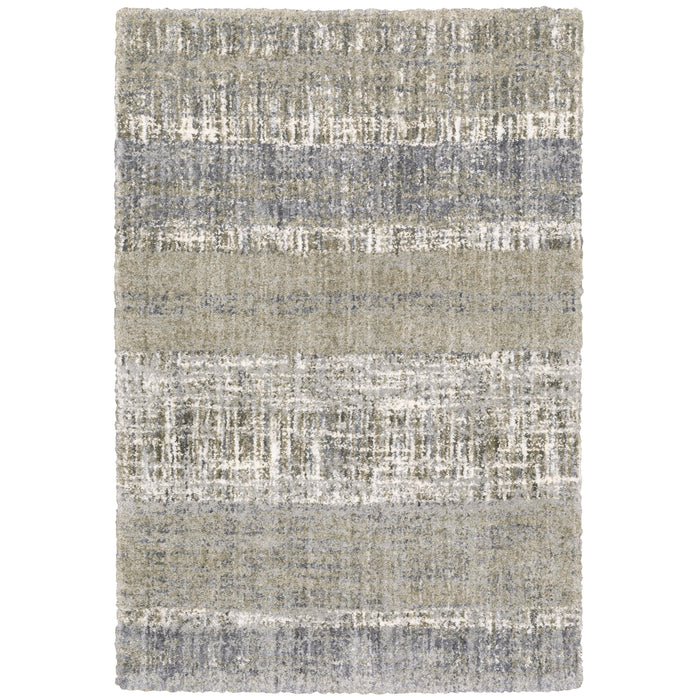 Aspen Grey & Ivory Contemporary Striped Rug, soft space-dyed microfiber polyester with textured blue and gray stripes.