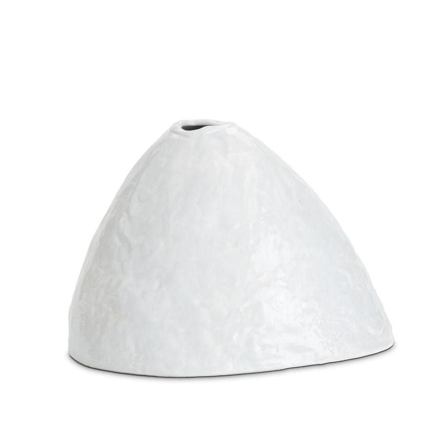 White, glossy, hand-molded ceramic Atlas vase with an organic, textured, modern design.