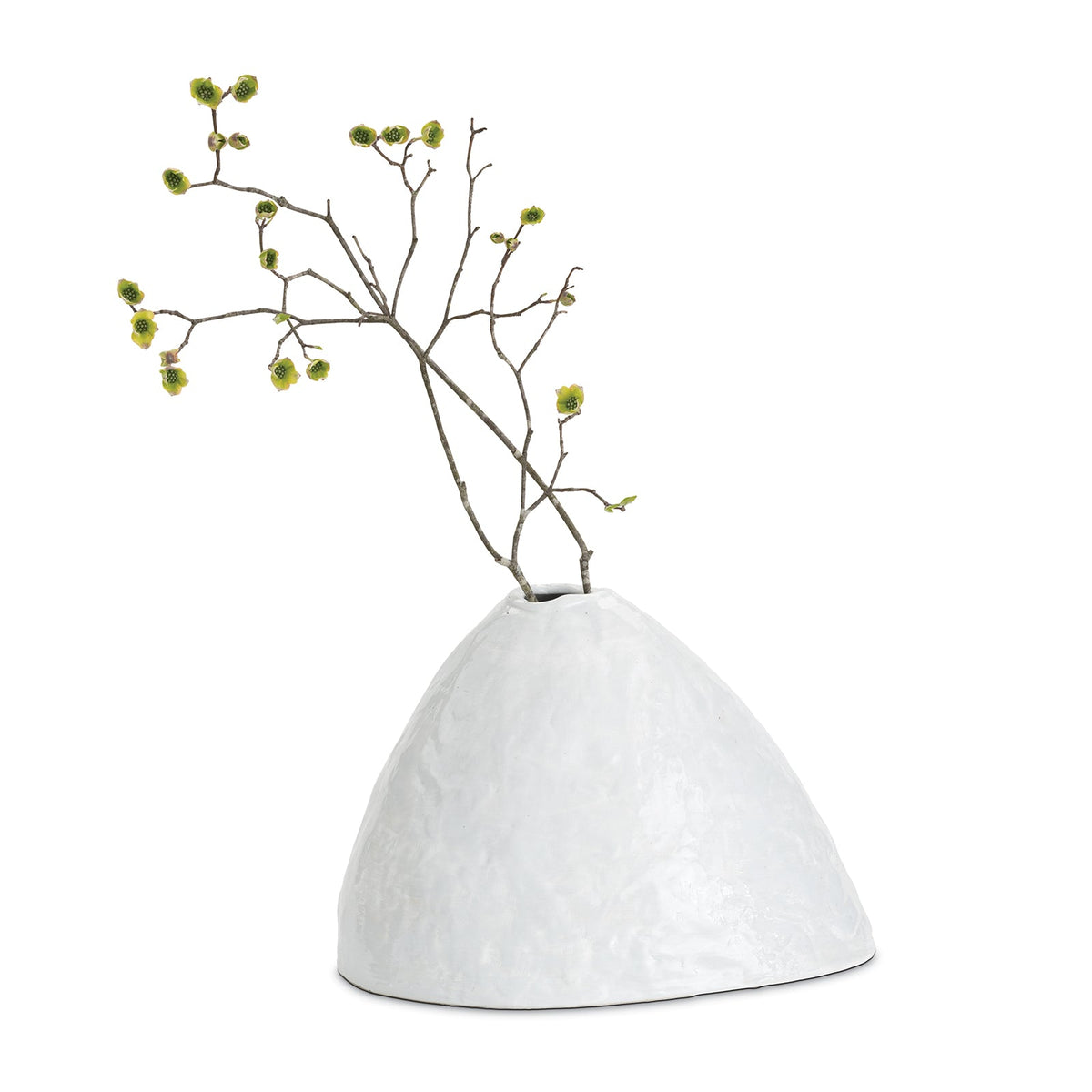 White, glossy Atlas ceramic vase with an organic, hand-molded design, holding a branch with green buds.
