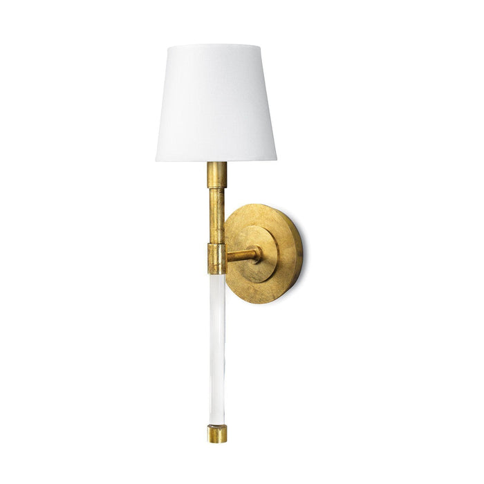 Auburn brass and crystal sconce with a circular gold leaf backplate, clear crystal tail, and white linen shade.