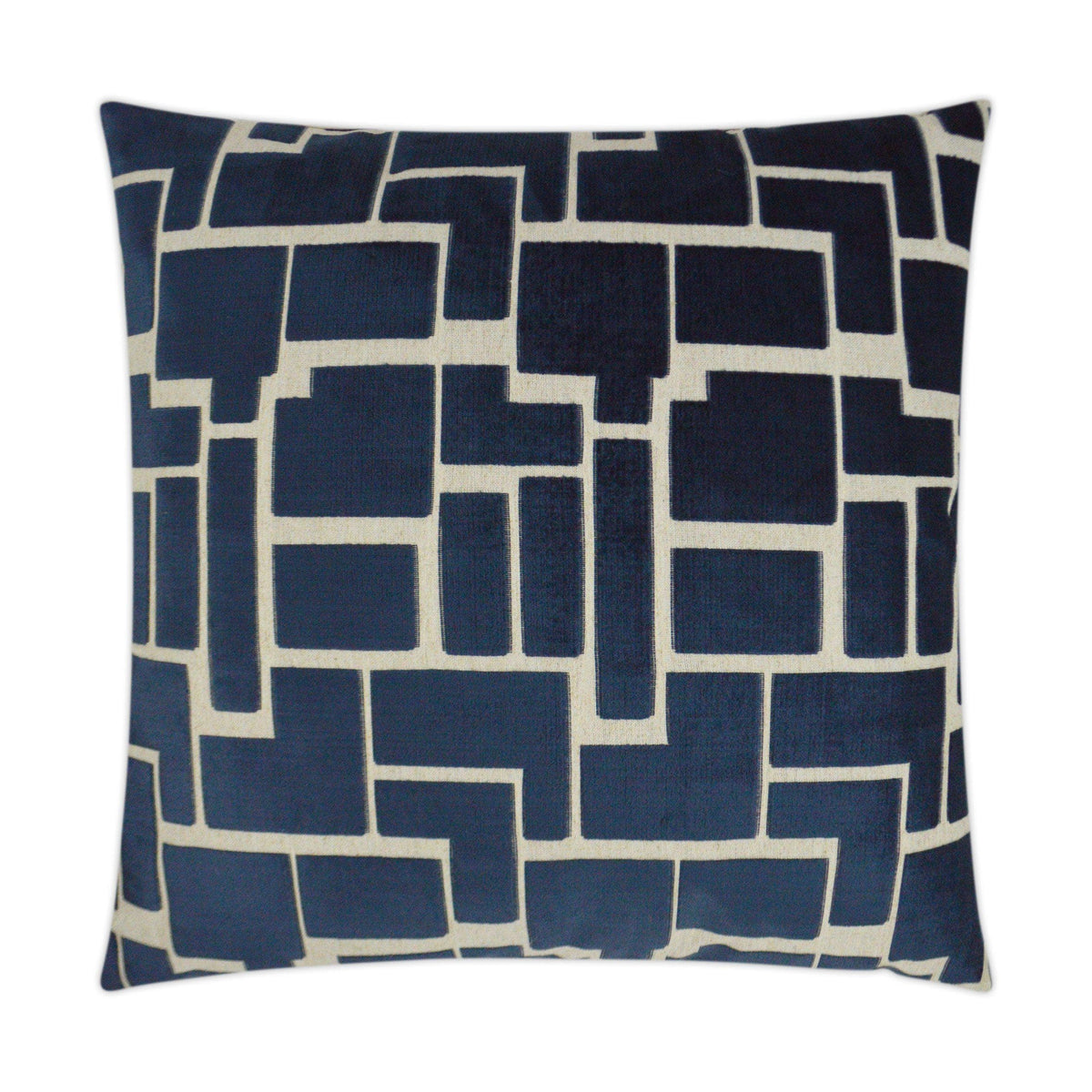 Aura 24" navy blue and beige geometric throw pillow with a tailored finish.