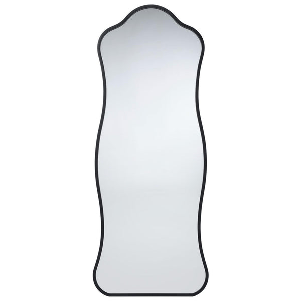 Aurora Wavy Floor Mirror with a black, thin, hand-finished metal frame and non-beveled glass.