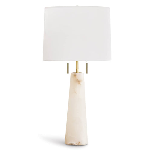 Austen Alabaster Table Lamp with a conical alabaster base, natural brass finish, and a white linen shade.