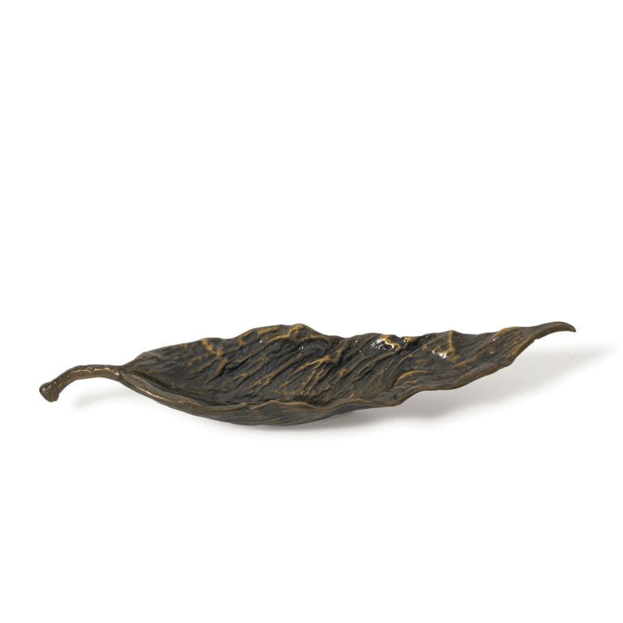 Dark bronze cast iron Autumn Metal Bowl, shaped like a fallen leaf with raised organic details.