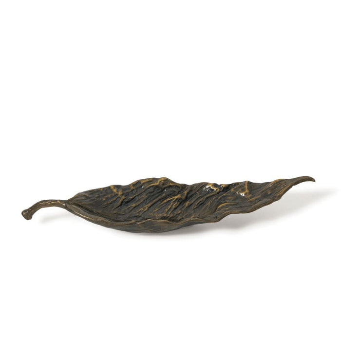 Dark bronze cast iron Autumn Metal Bowl, shaped like a fallen leaf with raised organic details.