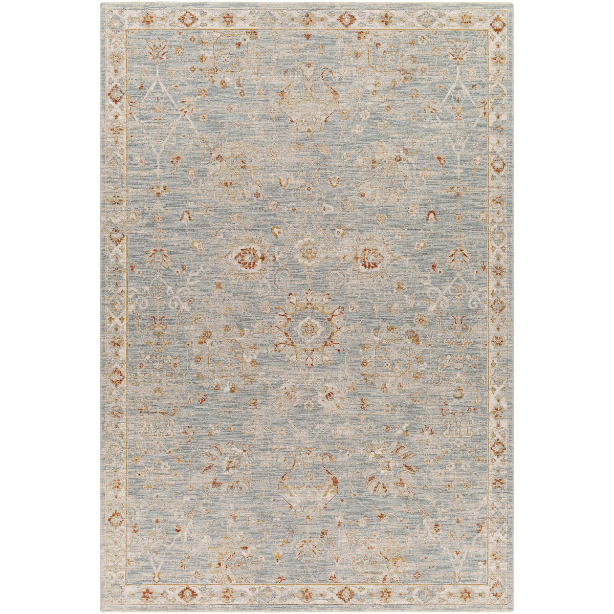 Avant Garde Blue & Light Beige Rug with traditional floral and medallion patterns, machine-woven polyester blend.