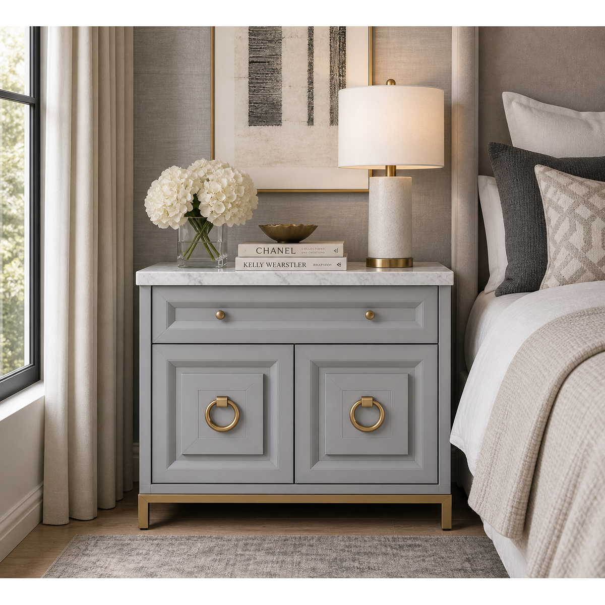 Azure Dove Gray & Carrera Marble Media Chest with brushed gold hardware and base.