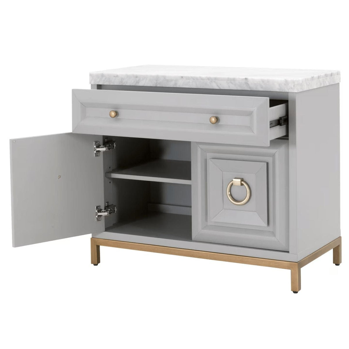 Azure Dove Gray & Carrera Marble Media Chest with brushed gold hardware, open drawer, and cabinet.
