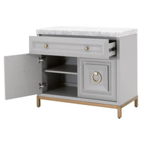 Azure Dove Gray & Carrera Marble Media Chest with brushed gold hardware, open drawer, and cabinet.