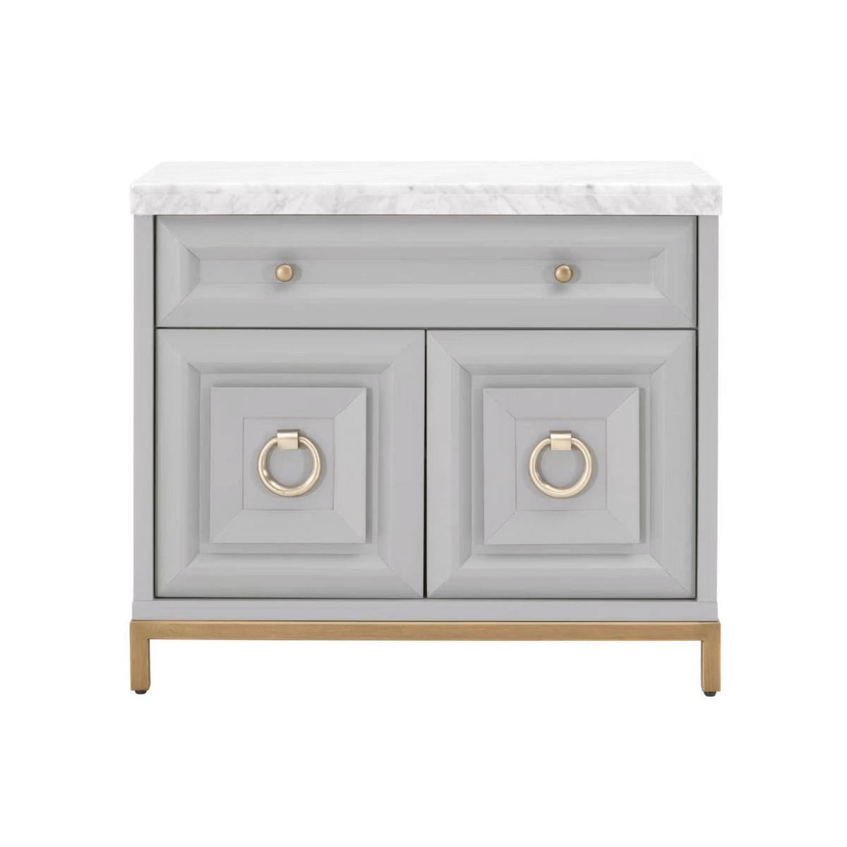 Azure Dove Gray & Carrera Marble Media Chest with brushed gold hardware and base.