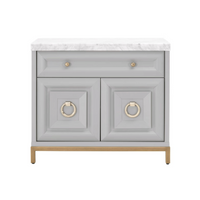 Azure Dove Gray & Carrera Marble Media Chest with brushed gold hardware and base.