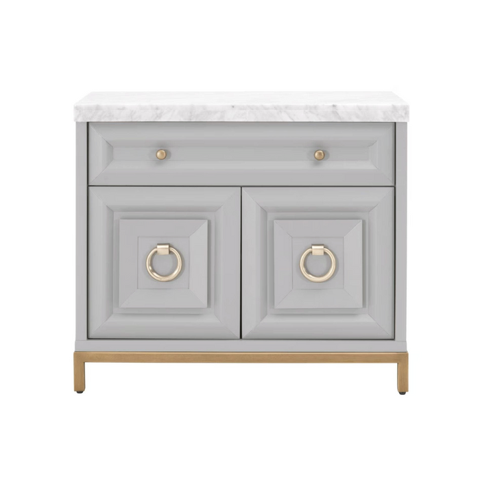 Azure Dove Gray & Carrera Marble Media Chest with brushed gold hardware and base.