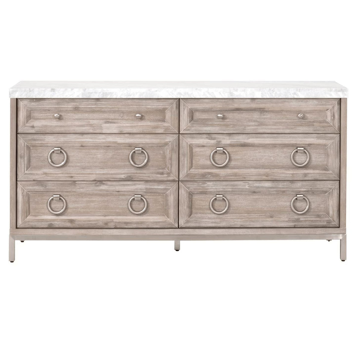 Natural gray wood dresser with white marble top, six drawers, and silver ring pulls.