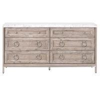 Natural gray wood dresser with white marble top, six drawers, and silver ring pulls.
